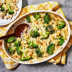 a casserole dish filled with broccoli and cheese