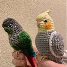 two crocheted birds sitting on top of each other in their human hand,