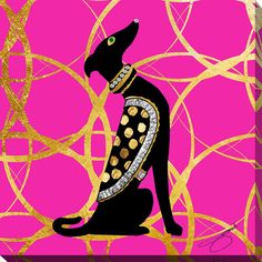 a black cat sitting in front of a pink background with gold circles and dots on it