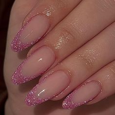 Glitter French Tips Acrylics Almond, Glitter Tips Almond Nails, Almond French With Glitter, Pink Glitter French Tips Almond, Pink Bday Nails Almond, Almond Nails Glitter French Tip, Almond Glitter French Tip Nails, Purple Glitter French Tips, Pink Prom Nails Almond