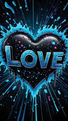 a heart with the word love on it surrounded by blue and pink splats