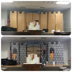 two pictures of a stage set up for an event