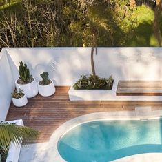 a small pool surrounded by white planters and wooden decking