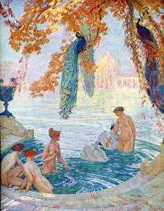 a painting of some people in the water