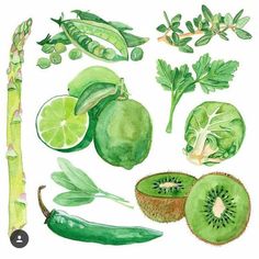 watercolor painting of green fruits and vegetables