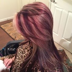 Colored Highlights Black Women, Blonde And Burgundy Hair Peekaboo, Cherry Coke Hair Color With Blonde Highlights, Crazy Hair Colour Ideas, Diff Hair Colors, Blonde Hair Dip Dyed, Fun Hair Inspo Color, Hair Color Combo Ideas, Interesting Hair Color Ideas