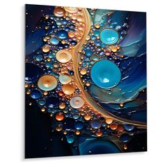 an abstract painting with blue, yellow and orange bubbles