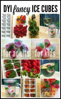 there are many different ice cubes with fruits and vegetables in them