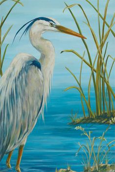 a painting of a white bird standing in the water with tall grass around it's feet