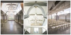 the inside of a church with chandeliers and chairs