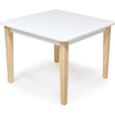 a white table with wooden legs on a white background