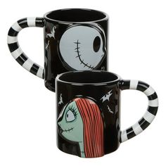 two black and white coffee mugs with jack and sally characters painted on the sides