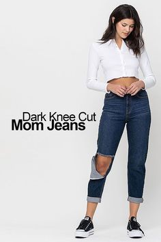 With a relaxed dark wash denim, tapered at the ankle and a flattering high-rise, these jeans are super trendy right now. Your traditional mom jean with a modern knee rip and timeless cuff hem will be a reliable staple in your closet. #denimjeans #jeans #everythingdenim #denimforever #pants #popstry #skinnyjeans Mom Jean, Dark Wash Denim, High Waist Jeans, Straight Leg Jeans, Denim Skirt