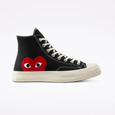 Canvas Is Lightweight And Durable. Tonal Rubber Toe Cap And Contrasting Heelstay For Standout Style. Lace-Up Design For A Snug Fit. Vulcanized Rubber Sole For Increased Traction. Signature Heart-And-Eyes Logo Adds A Fun Flair. Converse X Comme Des Garcons, Cdg Converse, Tenis Converse, Black High Top Shoes, Play Heart, Garcons Converse, Comme Des Garcons Converse, Converse High Top, High Top Converse