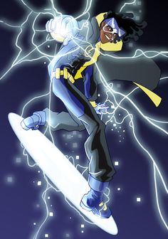 a cartoon character is riding a skateboard in the air with lightning behind him,