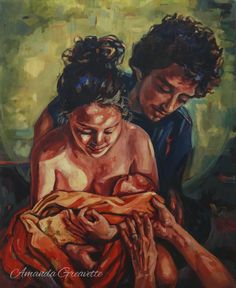 a painting of two people holding a baby