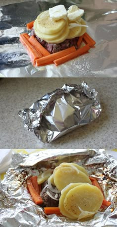 there are two pictures of food on tin foil and one has bananas, carrots, and meat