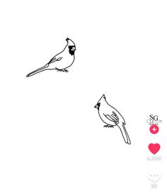 two birds sitting on top of each other in front of a white background with red hearts