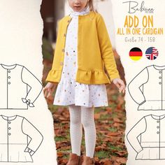 **WICHTIG: Das Schnittmuster und die Anleitung sind auf Deutsch und Englisch verfügbar. **IMPORTANT: The sewing pattern and instructions are available in German and English. DE// Add-on - All in One Cardigan Kinder Schnittmuster Mit diesem Schnittmuster erhältst du eine ausführlich bebilderte Anleitung, die speziell für Anfänger mit etwas Näherfahrung geeignet ist. Dieses E-Book ist eine Erweiterung des All in One Cardigan Schnittmusters und bietet noch mehr Möglichkeiten, den perfekten Kinder C Cardigan Pattern Sewing, Pocket Variations, Diy Cardigan, Kids Clothes Diy, Illustrated Instructions, Pattern Sewing, Bishop Sleeve, Tie Sleeve, Cardigan Pattern