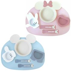 two mickey mouse plates and utensils on a blue tray with pink trimmings