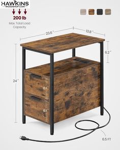 an image of a wooden table with drawers and wire on the bottom, measurements for each drawer