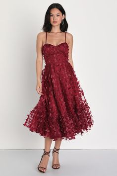 Butterfly Applique Dress - Lace-Up Dress - Burgundy Midi Dress - Lulus Maroon Tulle Dress, Spring Party Dress With Butterfly Embroidery, Summer Party Dress With Butterfly Embroidery, Red Wedding Guest Dress, Red Wedding Guest Dresses, Burgundy Butterfly, Derby Attire, Tea Length Prom Dress, Burgundy Cocktail Dress