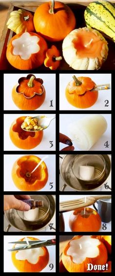 pumpkins are being peeled and cut into smaller pieces with the words diy pumpkin candles