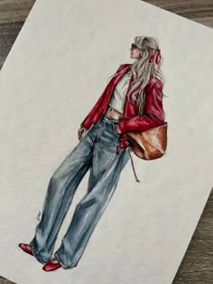 a drawing of a woman in jeans and a red jacket carrying a brown handbag