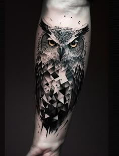 an owl tattoo on the arm with geometric shapes and dots in black and grey colors