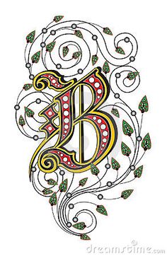 the letter b is surrounded by leaves and vines, as well as an ornamental design