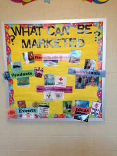 a bulletin board that says what can be marketed? with pictures and words on it