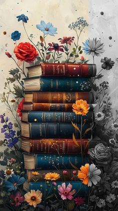 a stack of books sitting on top of a pile of flowers