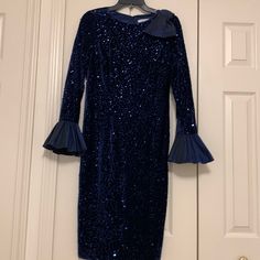 Rickie Freeman Teri Jon Blue Velvet Sequined Dress, Bell Sleeves, Shoulder Bow, Back Zipper, Fully Lined, Excellent Condition, Nwot Elegant Blue Mini Dress For Holidays, Blue Formal Dress For Fall, Formal Blue Dress For Fall, Royal Blue Party Dress For Fall, Royal Blue Knee-length Formal Midi Dress, Elegant Royal Blue Sequin Dress, Elegant Royal Blue Long Sleeve Midi Dress, Blue Sequin Dress For Fall, Blue Evening Dress For Holiday