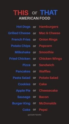 the american food menu is shown in red, white and blue on a black background