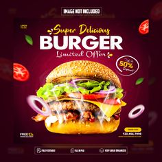 Burger Flyer Burger Flyer, Post Flyer, Ads Template, Dj Flyer, Music Flyer, Social Media Post Template, Post Ad, Birthday Flyer, Delicious Burgers