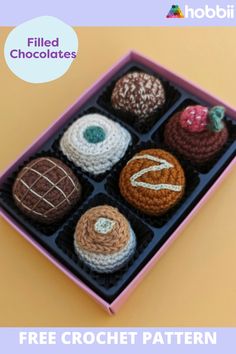 four crocheted chocolates in a pink box on a yellow background with the text free crochet pattern