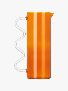 Cylindrical borosilicate glass pitcher in brown. Transparent undulating handle at side. Ride The Wave, Glass Pitchers, The Wave, Glass