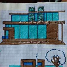 two drawings of the same building with different windows and doors, one in blue and brown