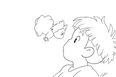 a black and white drawing of a boy looking up at a bird on his finger