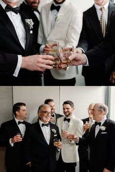 men in tuxedos are holding wine glasses