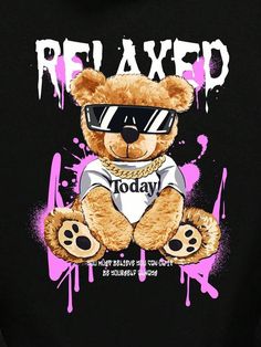 a brown teddy bear wearing sunglasses sitting on top of a black t - shirt with pink paint splatters