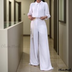 OliviaMark - Raffiniertes Set aus einfarbiger Bluse und Hose mit weitem Bein Color Blouse, Solid Color Shirt, Pantalon Large, Wide Pants, Olivia Mark, Wide Leg Pants, Pants Set, Color White, Wide Leg