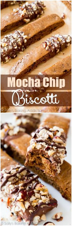 mocha chip biscotti with chocolate and almonds on top is shown in this collage