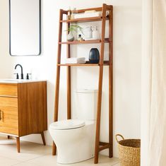 a white toilet sitting next to a wooden shelf