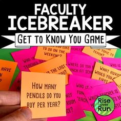 a hand holding a piece of paper with words on it that read faculty icebreakerr get to know you game