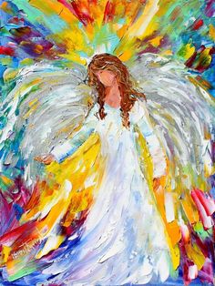 an angel painting with bright colors and white wings