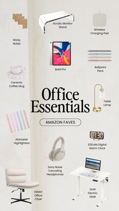 an advertisement for office essentials with the words, amazon faves and other items