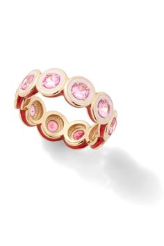 Make a statement day or night. This ring adds the perfect amount of sparkle to any occasion. Customize with your choice of round-shaped lab-created gemstone with matching two-tone colored enamel. Yellow Gold Enamel Diamond Ring, Elegant Diamond Ring With Enamel, Round Pink Gold Diamond Ring, Pink Gold Round Diamond Ring, Formal Round Enamel Diamond Ring, Rose Gold Enamel Ring, White Gold Enamel Round Rings, Pink Gold Rings With Halo Setting, Pink Gold Halo Setting Ring