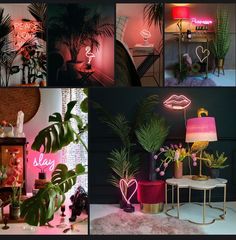 a collage of photos with plants and neon lights