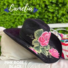 Hand Painted Cowboy Hat - Felt – Camelia Mexican Boutique Cowboy Hat Decorated, Boho 2024, Historical Dresses Victorian, Cowboy Hats For Women, Straw Hat Crafts, Hand Painted Hats, Mexican Boutique, Black Floppy Hat, Painted Items